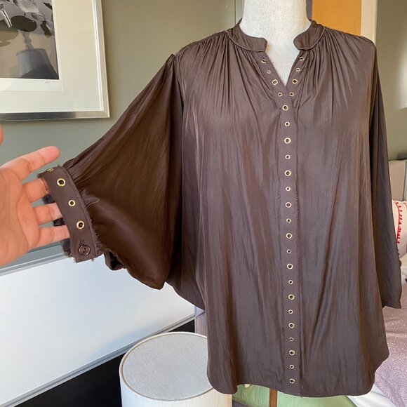 CHICO’s Brown Ring Trim Top Batwing 3/4 Sleeve Top Blouse Chico's Sz 0  - Z2362 - Picture 10 of 12